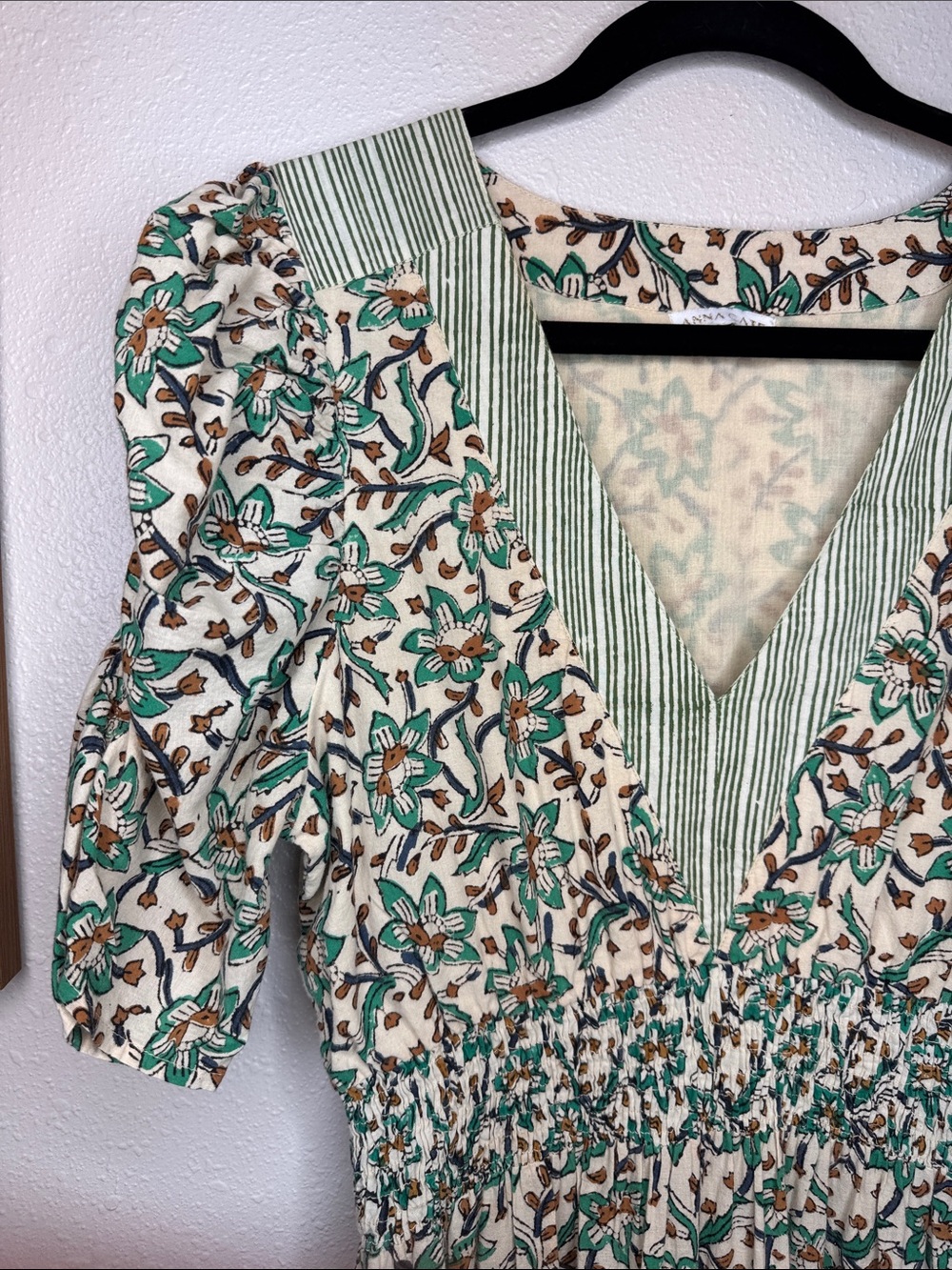 Anna Cate Darby Cream Floral Maxi Dress with Green & Brown Botanical Motif